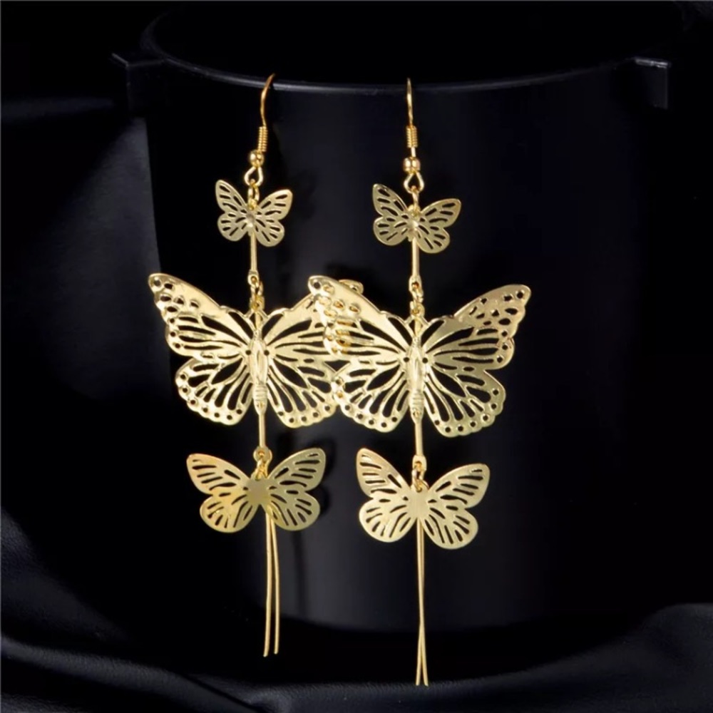 Gold Long Butterflies Earrings
